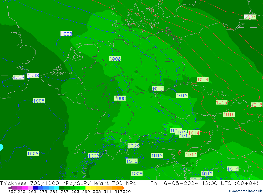 Thck 700-1000 гПа Arpege-eu чт 16.05.2024 12 UTC