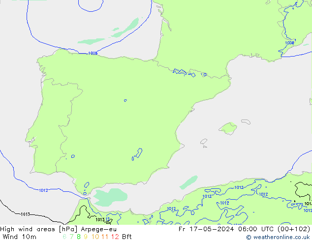 High wind areas Arpege-eu Pá 17.05.2024 06 UTC