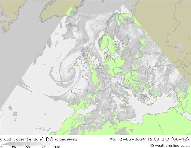 Cloud cover (middle) Arpege-eu Mo 13.05.2024 12 UTC