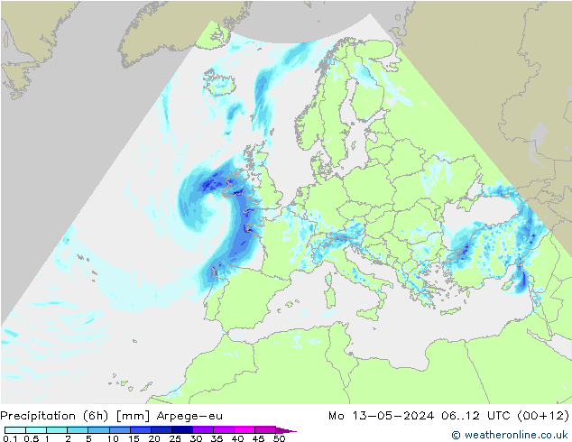 Precipitation (6h) Arpege-eu Mo 13.05.2024 12 UTC