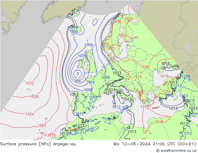 地面气压 Arpege-eu 星期一 13.05.2024 21 UTC
