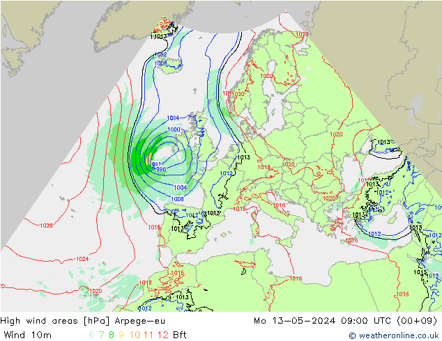 High wind areas Arpege-eu Po 13.05.2024 09 UTC