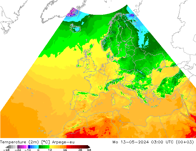 Temperature (2m) Arpege-eu Mo 13.05.2024 03 UTC