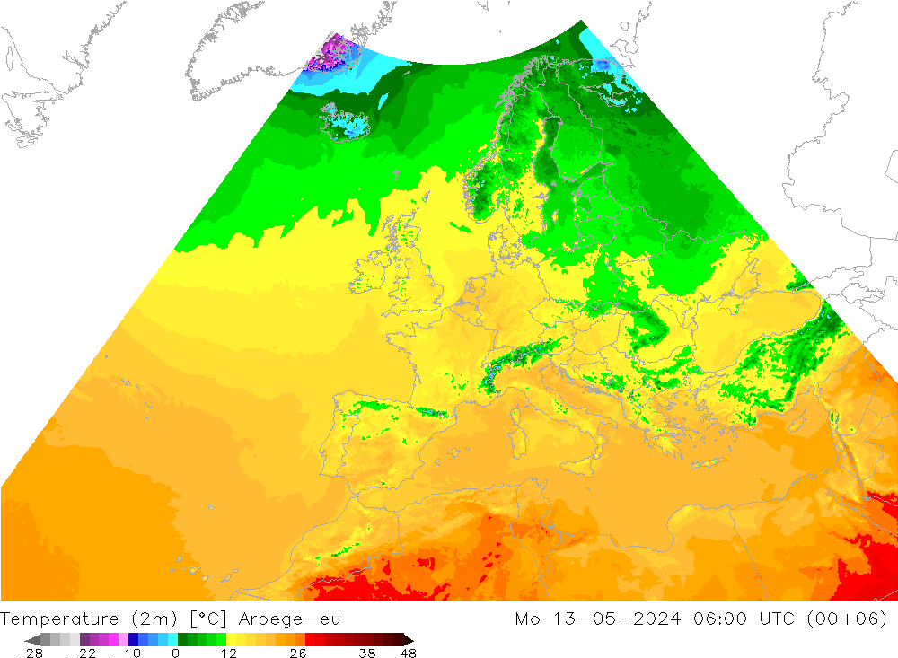 Temperaturkarte (2m) Arpege-eu Mo 13.05.2024 06 UTC