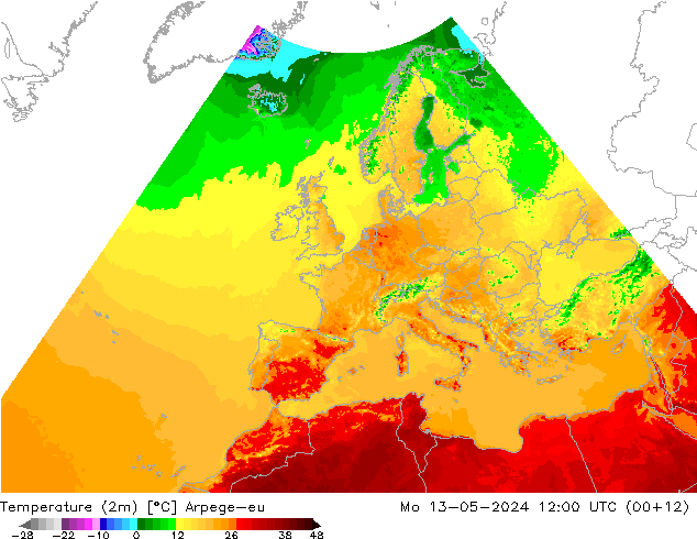 Temperaturkarte (2m) Arpege-eu Mo 13.05.2024 12 UTC