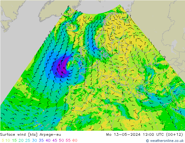 Surface wind Arpege-eu Mo 13.05.2024 12 UTC