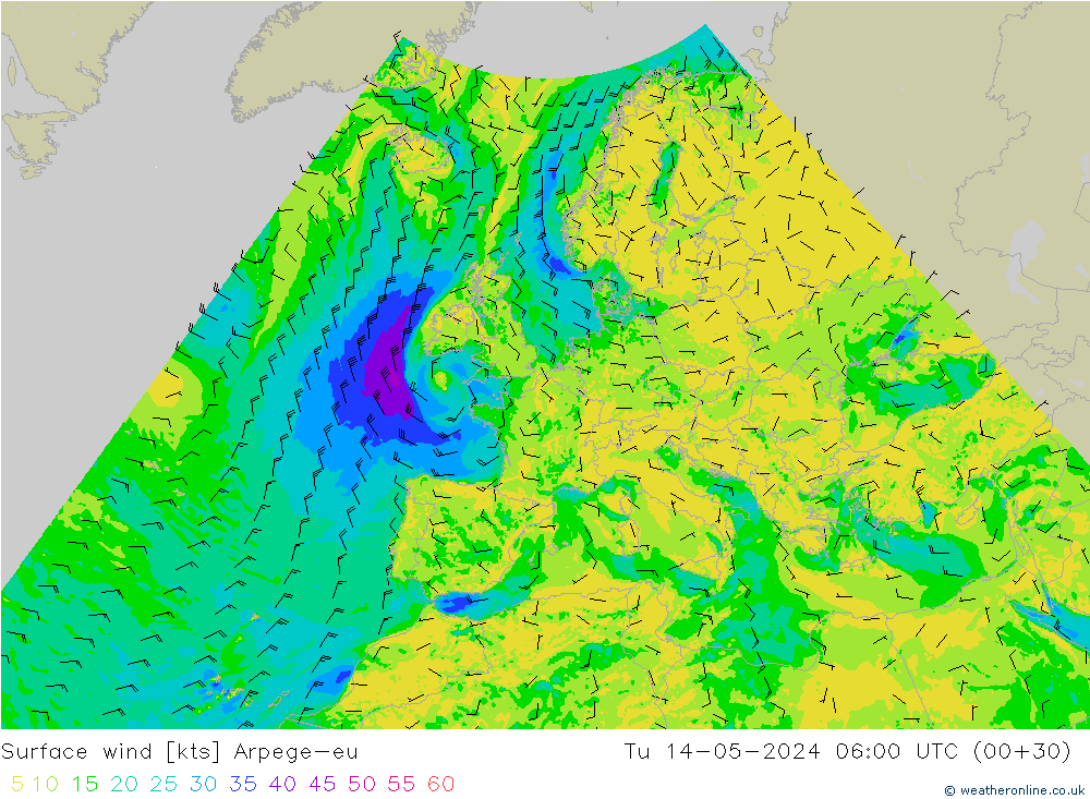 Surface wind Arpege-eu Tu 14.05.2024 06 UTC