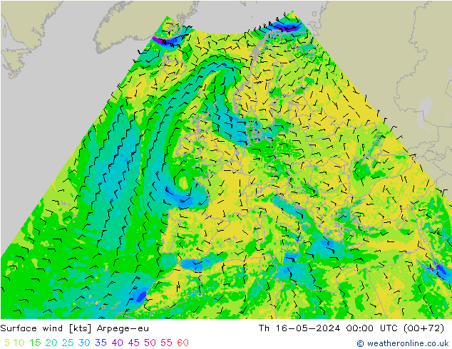 Surface wind Arpege-eu Čt 16.05.2024 00 UTC