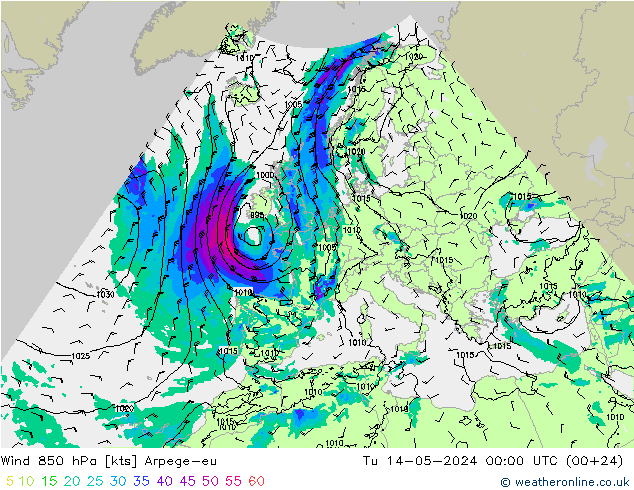 wiatr 850 hPa Arpege-eu wto. 14.05.2024 00 UTC