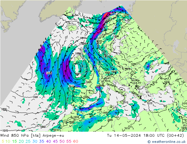 Wind 850 hPa Arpege-eu di 14.05.2024 18 UTC