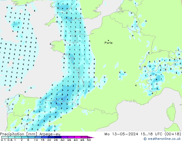 Precipitation Arpege-eu Mo 13.05.2024 18 UTC