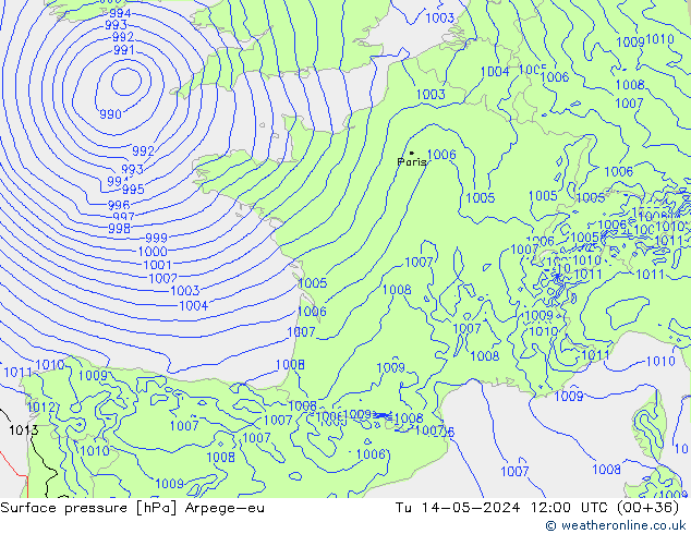 Surface pressure Arpege-eu Tu 14.05.2024 12 UTC