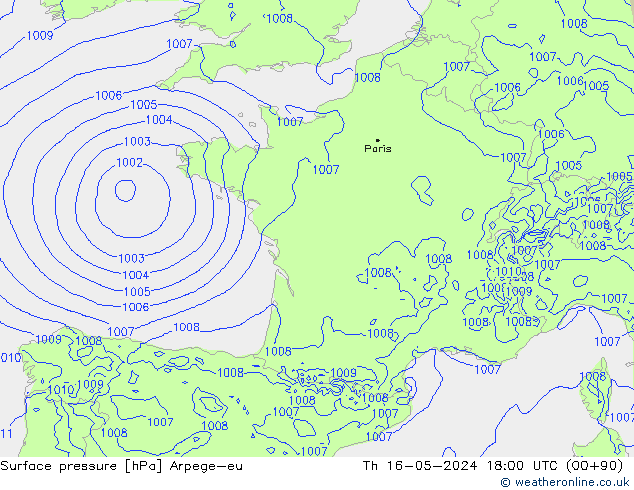 приземное давление Arpege-eu чт 16.05.2024 18 UTC