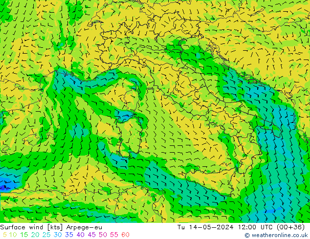 Surface wind Arpege-eu Út 14.05.2024 12 UTC