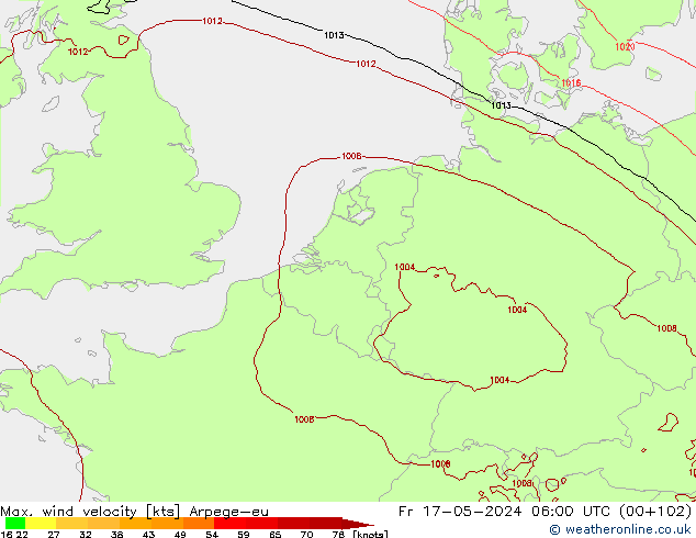 Max. wind velocity Arpege-eu Sex 17.05.2024 06 UTC