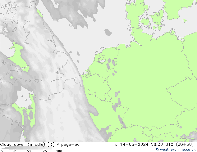 Cloud cover (middle) Arpege-eu Tu 14.05.2024 06 UTC