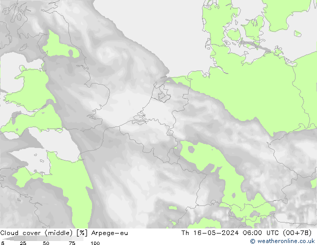 oblačnosti uprostřed Arpege-eu Čt 16.05.2024 06 UTC