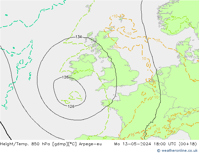 Height/Temp. 850 hPa Arpege-eu pon. 13.05.2024 18 UTC