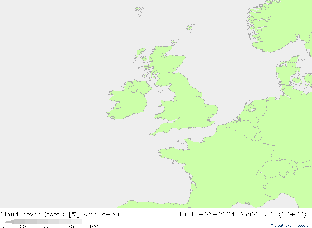 Cloud cover (total) Arpege-eu Tu 14.05.2024 06 UTC