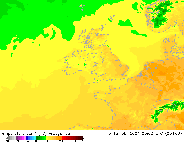 mapa temperatury (2m) Arpege-eu pon. 13.05.2024 09 UTC