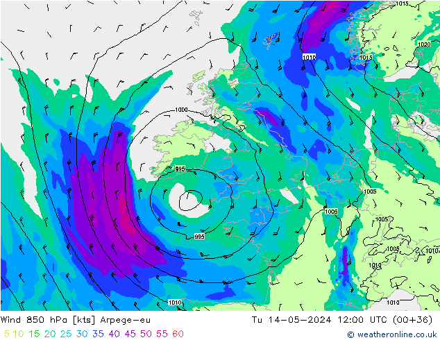 ветер 850 гПа Arpege-eu вт 14.05.2024 12 UTC