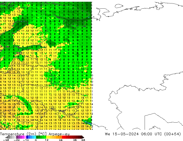 mapa temperatury (2m) Arpege-eu śro. 15.05.2024 06 UTC