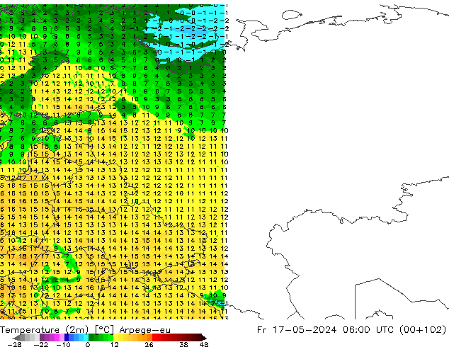 Temperaturkarte (2m) Arpege-eu Fr 17.05.2024 06 UTC