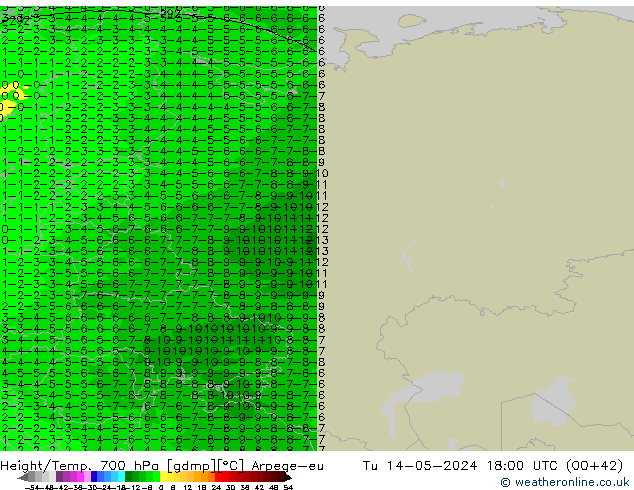 Height/Temp. 700 hPa Arpege-eu Tu 14.05.2024 18 UTC