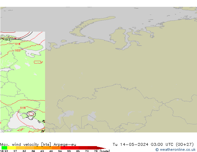 Max. wind velocity Arpege-eu mar 14.05.2024 03 UTC