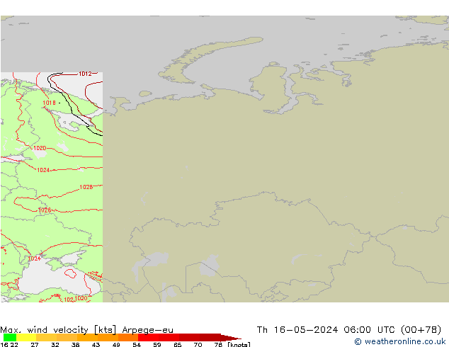 Max. wind velocity Arpege-eu Čt 16.05.2024 06 UTC