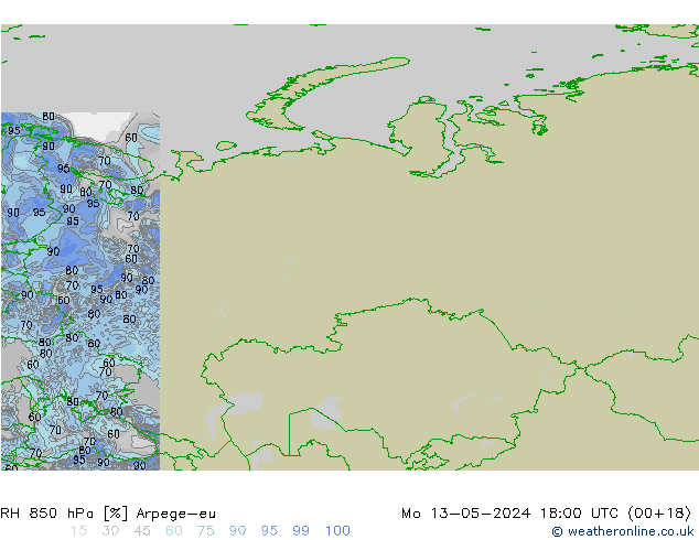 RH 850 hPa Arpege-eu Mo 13.05.2024 18 UTC