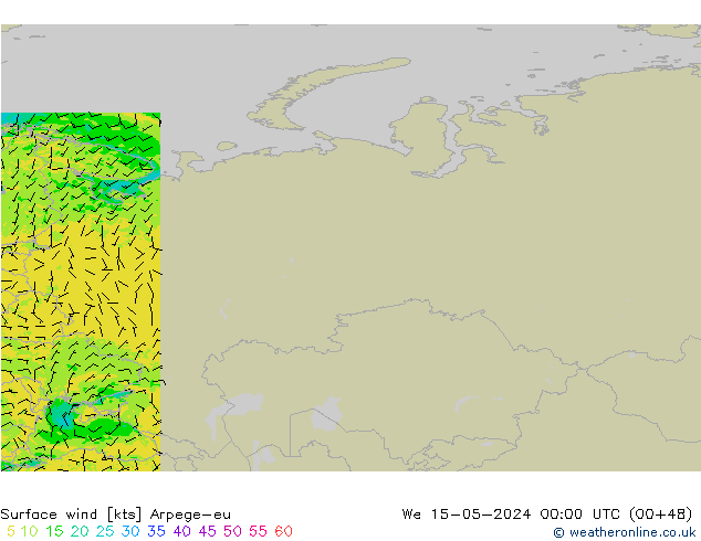 Vento 10 m Arpege-eu mer 15.05.2024 00 UTC