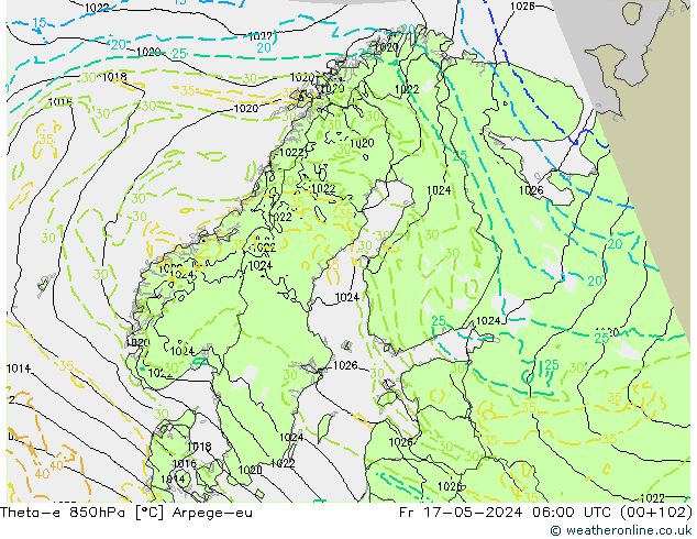 Theta-e 850hPa Arpege-eu Sex 17.05.2024 06 UTC