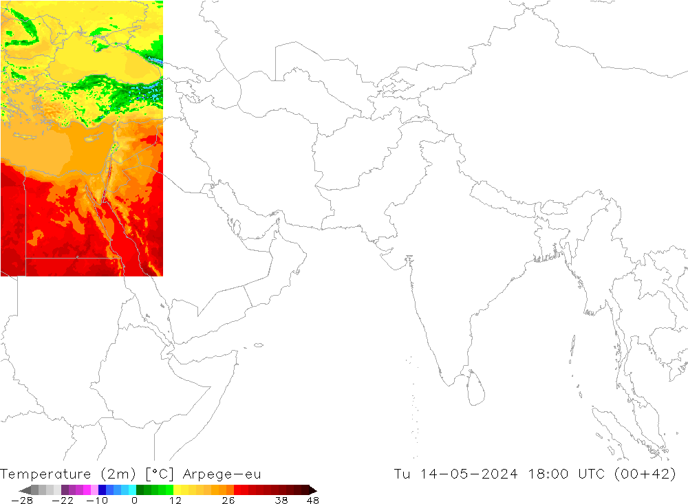 Temperatuurkaart (2m) Arpege-eu di 14.05.2024 18 UTC