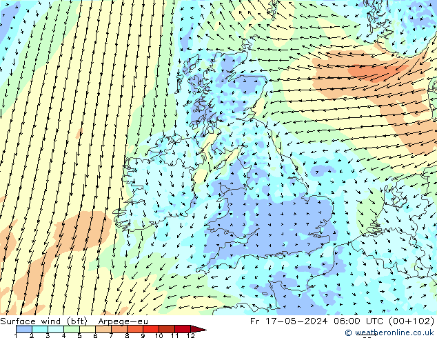 Surface wind (bft) Arpege-eu Pá 17.05.2024 06 UTC