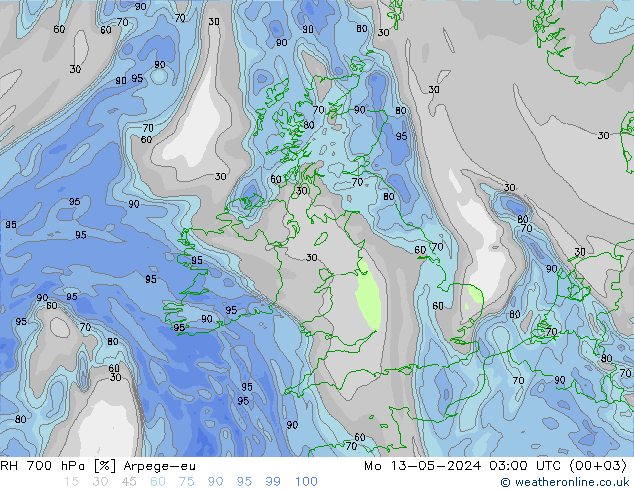 RH 700 hPa Arpege-eu Mo 13.05.2024 03 UTC