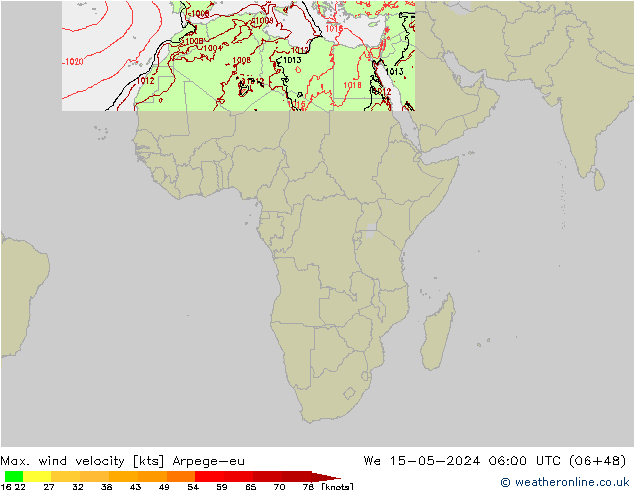 Max. wind snelheid Arpege-eu wo 15.05.2024 06 UTC