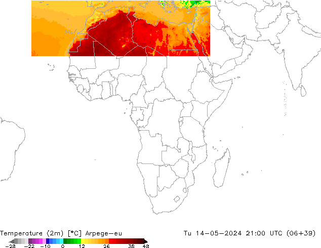 Sıcaklık Haritası (2m) Arpege-eu Sa 14.05.2024 21 UTC