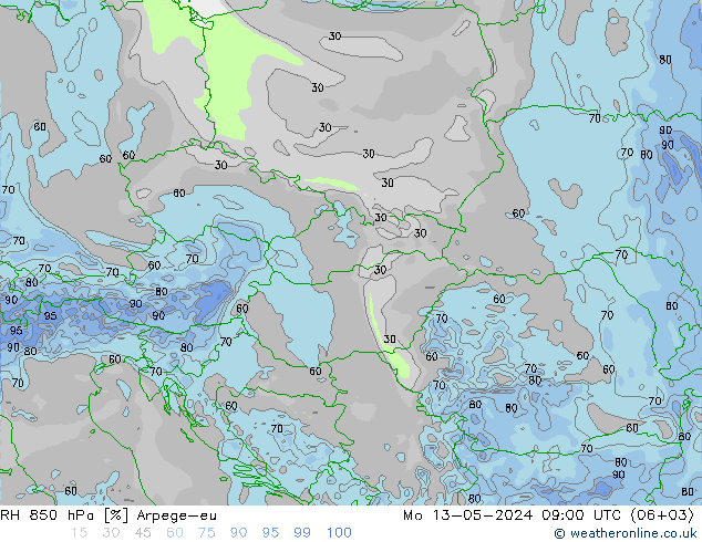 RH 850 гПа Arpege-eu пн 13.05.2024 09 UTC