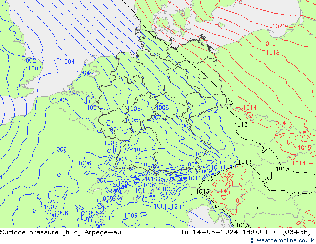 Surface pressure Arpege-eu Tu 14.05.2024 18 UTC