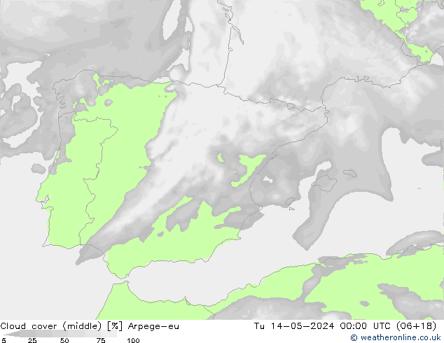 Cloud cover (middle) Arpege-eu Tu 14.05.2024 00 UTC