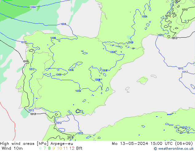 High wind areas Arpege-eu Mo 13.05.2024 15 UTC