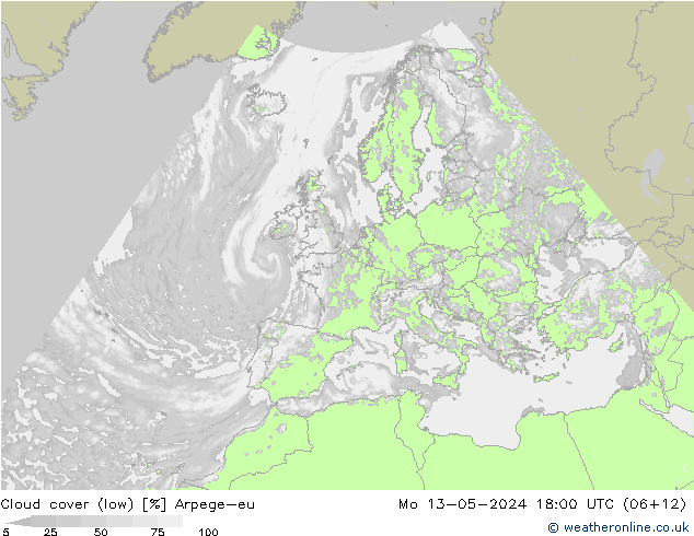 Cloud cover (low) Arpege-eu Mo 13.05.2024 18 UTC
