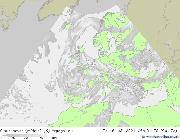 Cloud cover (middle) Arpege-eu Th 16.05.2024 06 UTC