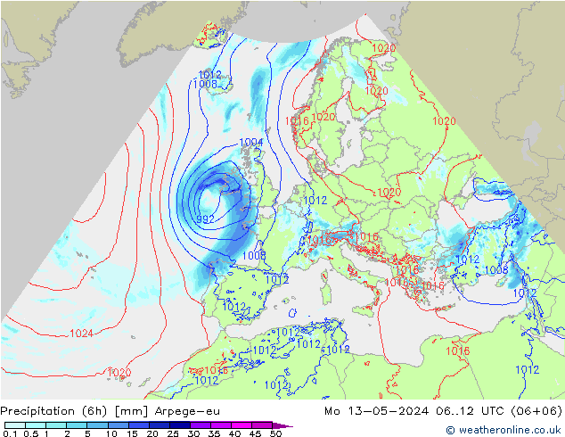 Totale neerslag (6h) Arpege-eu ma 13.05.2024 12 UTC