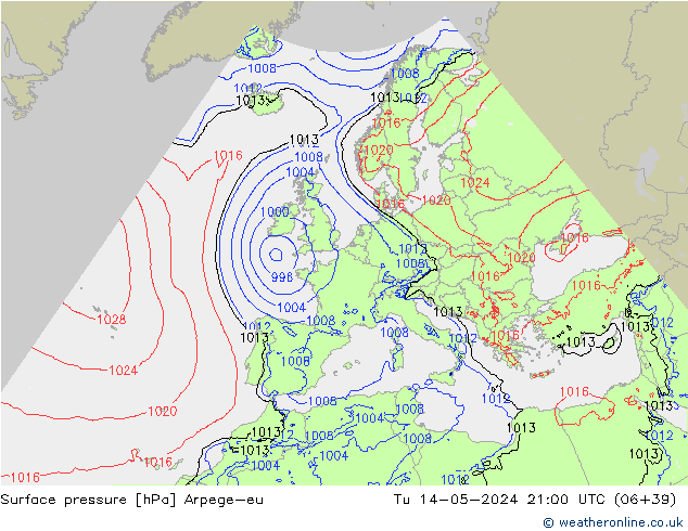 Atmosférický tlak Arpege-eu Út 14.05.2024 21 UTC