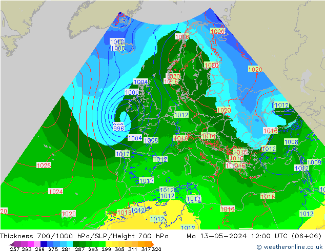 Schichtdicke 700-1000 hPa Arpege-eu Mo 13.05.2024 12 UTC