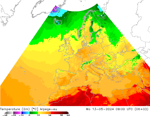 Sıcaklık Haritası (2m) Arpege-eu Pzt 13.05.2024 09 UTC
