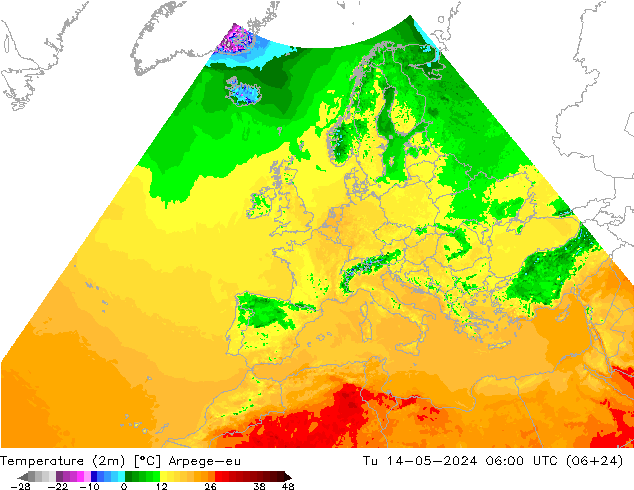 Temperatuurkaart (2m) Arpege-eu di 14.05.2024 06 UTC