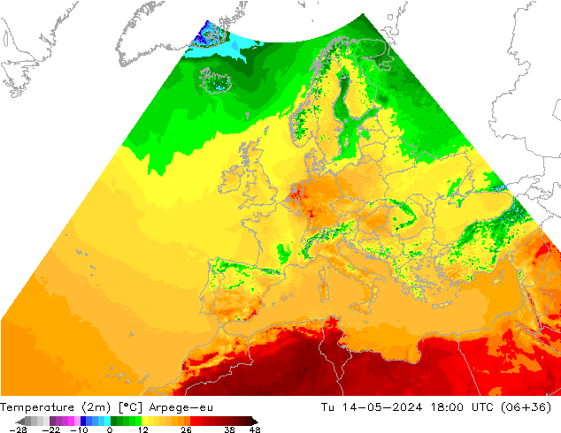 Temperaturkarte (2m) Arpege-eu Di 14.05.2024 18 UTC